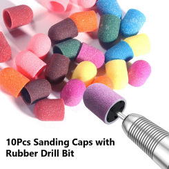 10Pcs Nail Art Grinding Bits Set, Sanding Caps with Rubber Drill Bit for Gel Polish Removal, Manicures and Pedicures
