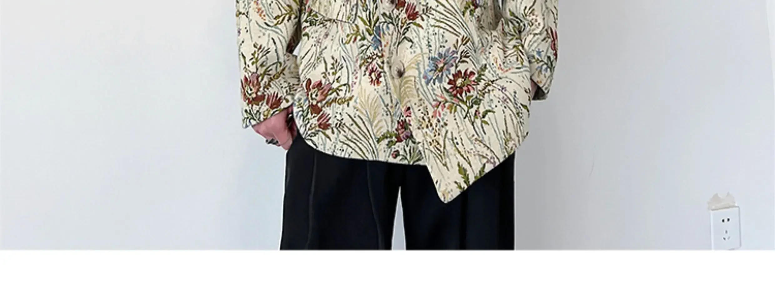 Description Picture 4 of item2024 Spring Trendy Original Floral Print Niche Design Men's Blazer Jacket Asymmetric Shoulder Pad Male Suit Coat 3cb11b