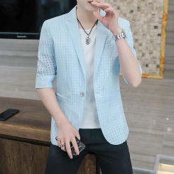Summer Three Quarter Sleeve Blazers Men Korean Sun Protection Hollow Out Men's Jacket Thin Slim Stylist Social Casual Suit Coats