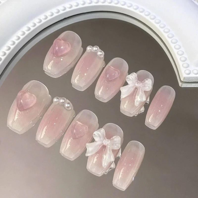 Description Picture 4 of itemCute Pink Sweet Princess Removable Handmade Wear Nail Art Y2K Vitality Girl Short Fake Nails Blush Bow Nail Patch