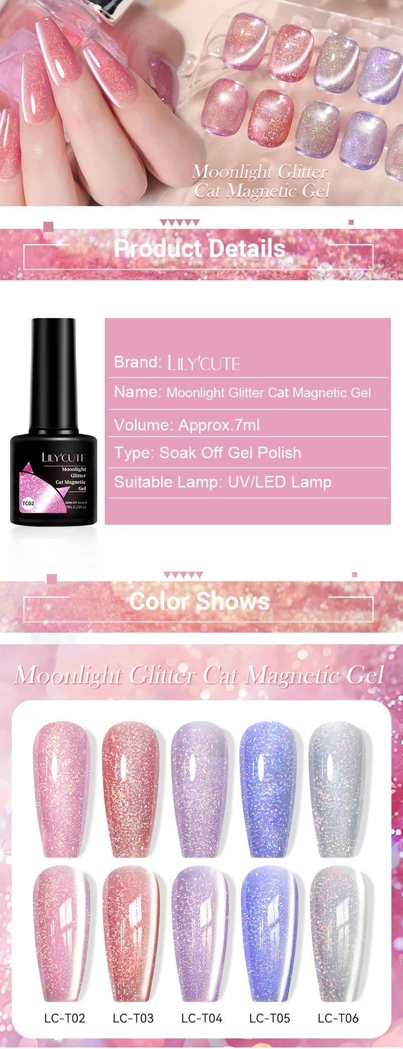 Description Picture 2 of itemLILYCUTE 7ML Moonlight Glitter Cat Magnetic Gel Nail Polish Gold Foils Shining Silver Water Light Effect Manicure Nail Art Gel