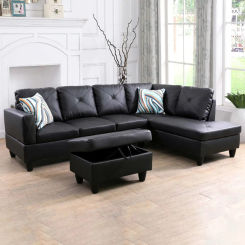 Faux Leather 4-Seat Couch Living Room Sofa Set L Shaped Couch Sofa Set Chaise Lounge Sectional Sofa for Small Space No Ottoman