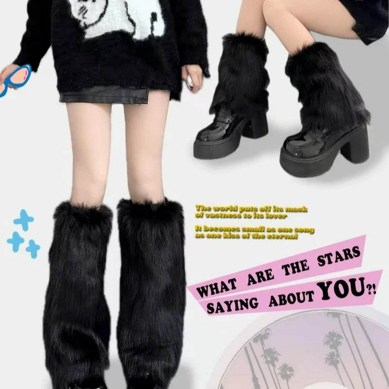 Description Picture 2 of item1/2Pairs Artificial Fur Plush Leg Warmers Women Autumn Winter Thermal Long Socks Girls Fashion Japanese Knee-length Stockings