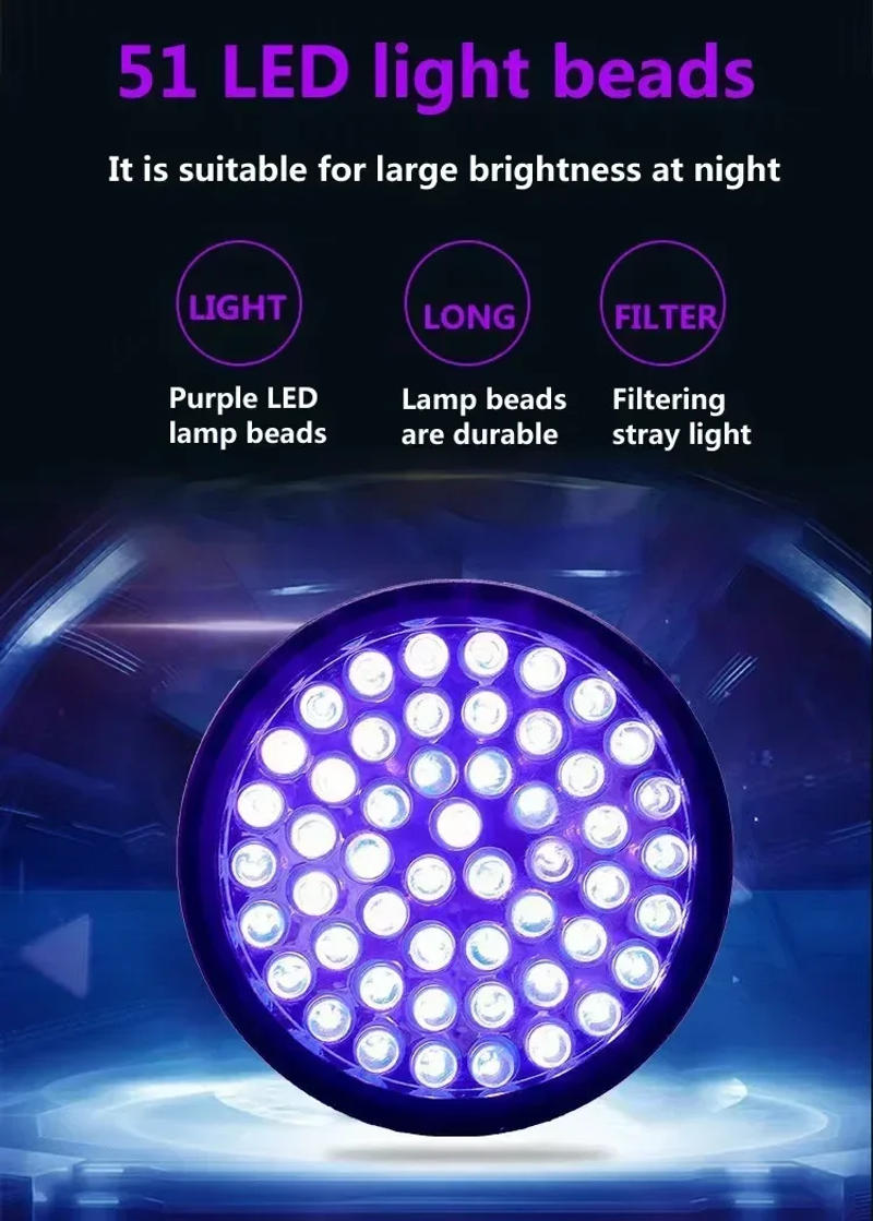 Description Picture 4 of item51 LED UV Flashlight 395nm Portable Ultraviolet Aluminium Alloy Torch Violet Light Pet Urine Scorpion Money Detector UV Lamp