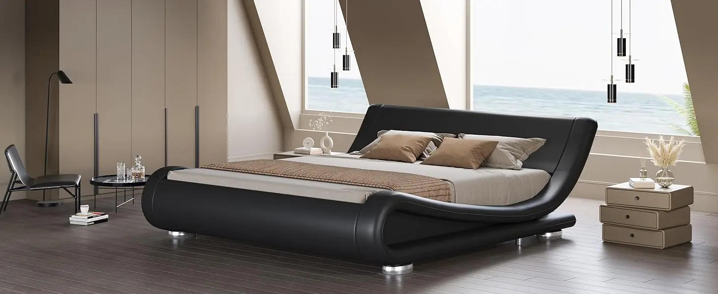 Description Picture 2 of itemSHA CERLIN King Upholstered Bed Frame, Low Profile Sleigh Bed, Faux Leather Headboard, No Box Spring Needed, Easy Assembly,Black