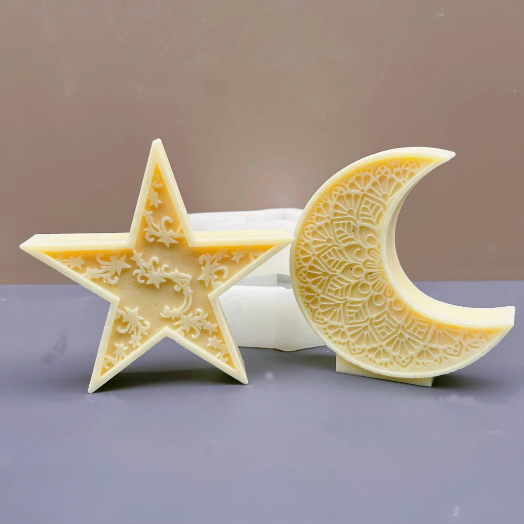 Description Picture 3 of itemRamadan Festival carving pattern moon candle silicone mold pentagonal star moon pattern candle mold resin gypsum concrete mold