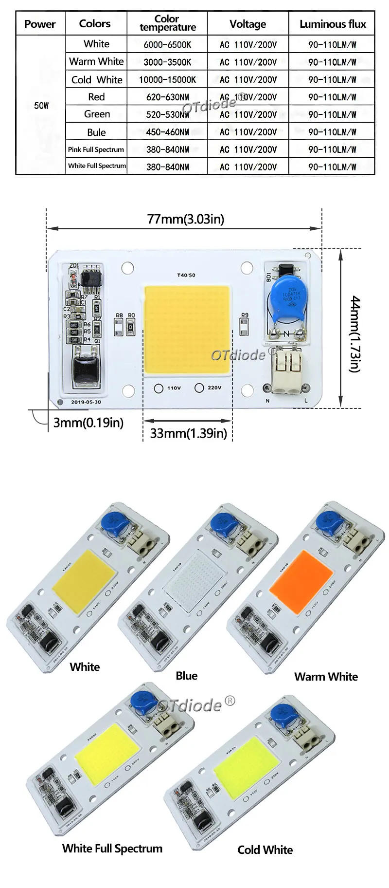 Description Picture 2 of itemLED 50W COB Chip Bulbs AC 110V 220V Integrated Smart IC Driver Cool White Warm White Red Green Blue Yellow Pink Full Spectrum