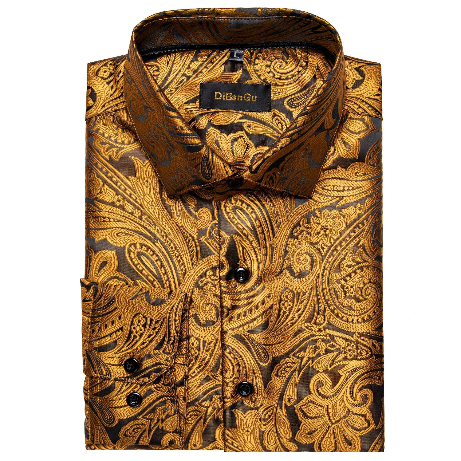 Description Picture 4 of itemGold Paisley Silk Shirts for Men Long Sleeve Luxury Brand Tuxedo Wedding Party Men Clothing DiBanGu