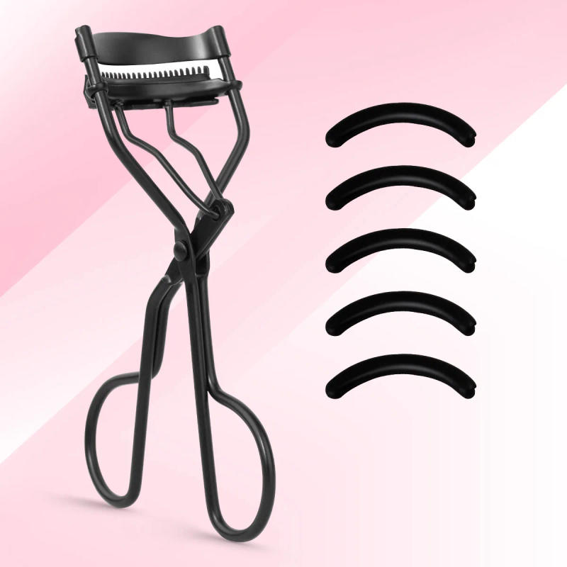 Description Picture 3 of item1 portable eyelash curler with 5 silicone pads, stainless steel eyelash curler, permanently shaping big eyes.
