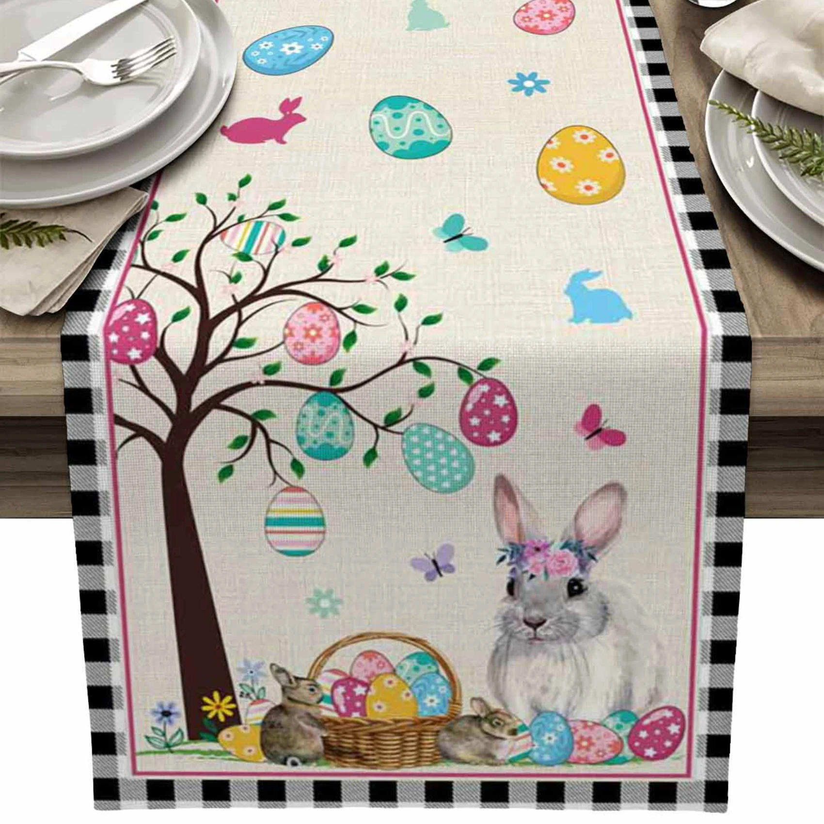 Description Picture 6 of itemEaster Bunny Egg Duck Flower Linen Table Runner Wedding Decoration Anti-Fouling Rectangular Dining