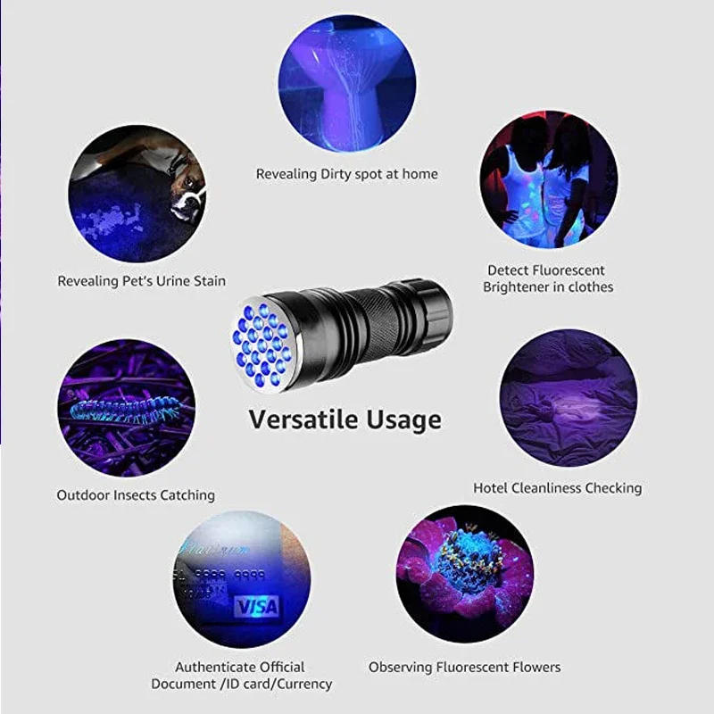 Description Picture 3 of item21 LED UV Ultraviolet Flashlight Blacklight 395NM Mini Torch Flash Lamp For Pet Urine Stains Portable Black Light Flashlights