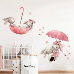 Cartoon Pink Umbrella Butterfly Bunny in Love Wall Stickers for Room  Wall Decals for Room Baby Shower PVC