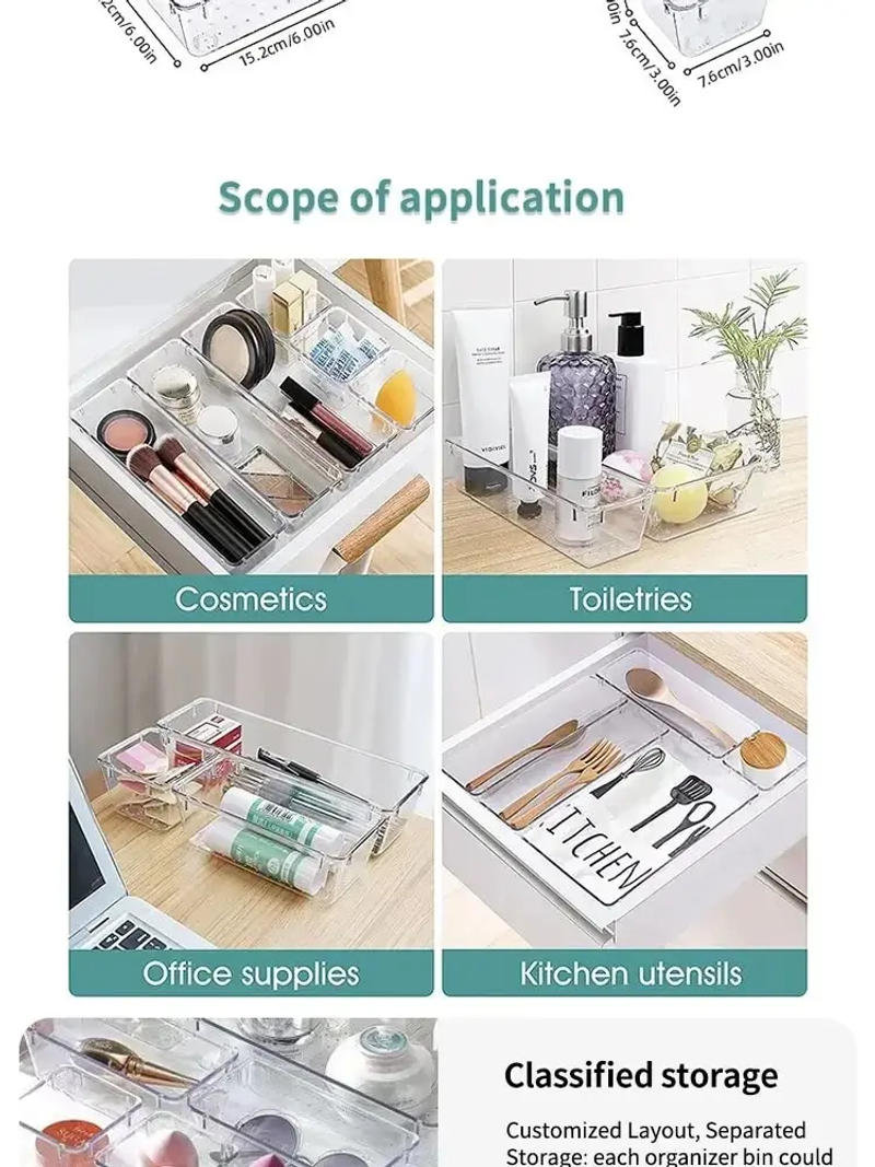 Description Picture 5 of item7/14 Pcs Drawer Organizers Set Clear Plastic Desk Dividers Bins Bedroom Dresser Office Storage Box for Makeup Jewelries Gadgets