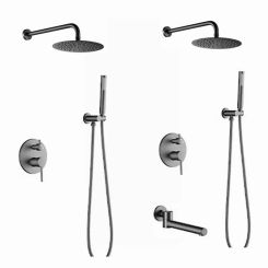 Gun Gray Bath Gunmetal Shower Set Brass Head Rianfall Luxury Combo Wall-Mount Arm Hot And Cold Mixer Diverter Bathroom Faucet