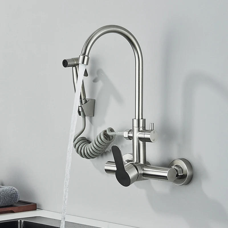 Description Picture 4 of itemBrushed Nickel 304 stainless steel Kitchen Sink Faucet With Spray Gun Bidet Sink Crane Tap Long Spout Mixer Taps Wall Mounted