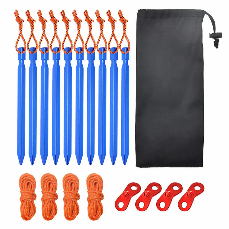 Description Picture 4 of item1 Set Aluminum Alloy Tent Pegs Nails Stakes Ropes Camping Hiking Tent Accessories Including Wind Rope Hammer Reflective Cord