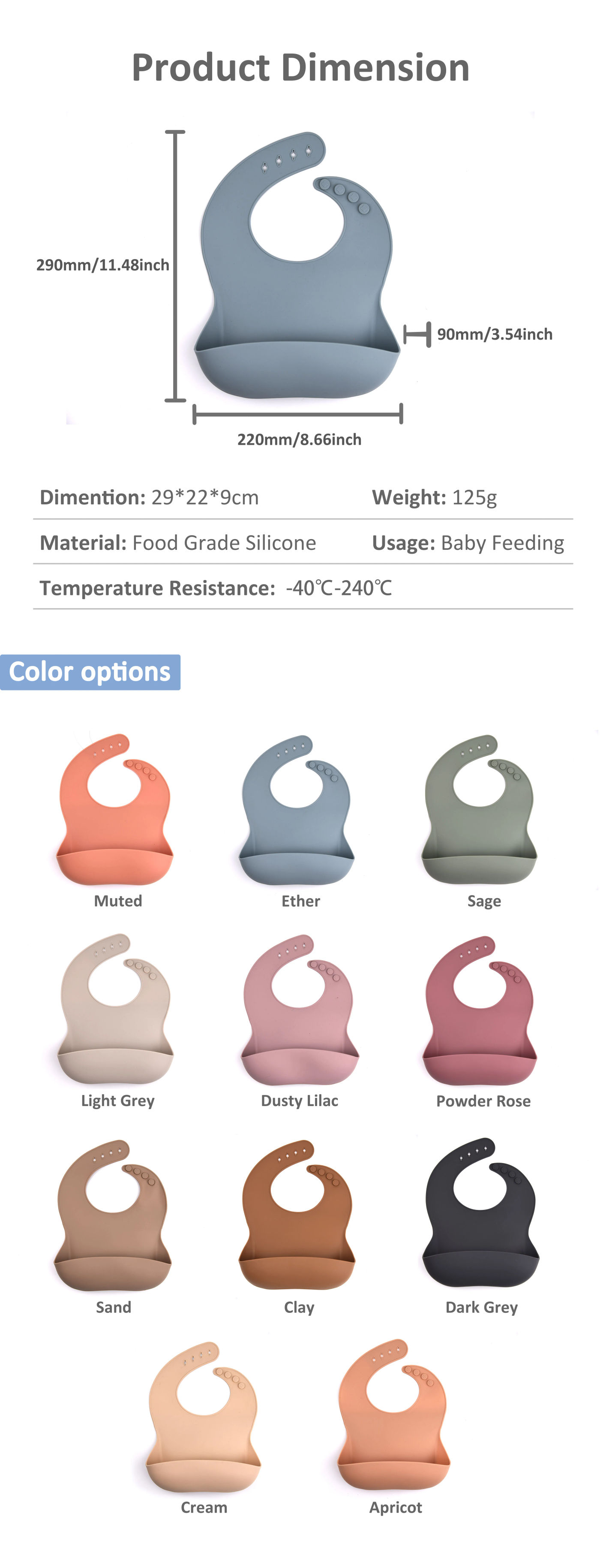 Description Picture 3 of itemHigh Quality Food Grade Soft Waterproof Silicone Baby Bib With Food Catcher