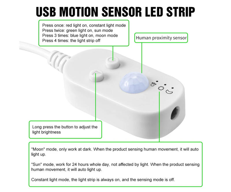 Description Picture 4 of itemPIR Motion Sensor LED Strip Lights USB 5V Warm White Diode Tape Auto On/Off Led Ribbon Strip For Stairs Wardrobe Closet Kitchen