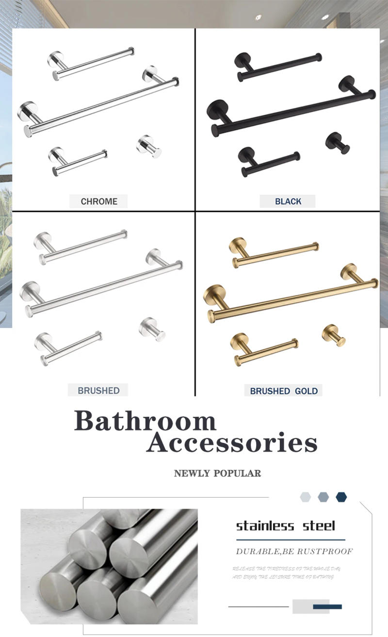 Description Picture 2 of item304Stainless Steel With Hook Towel Bar Wall Mount Bathroom Accessories Set Toilet Paper Holder Hand Towel Coat Robe Hook Hanger