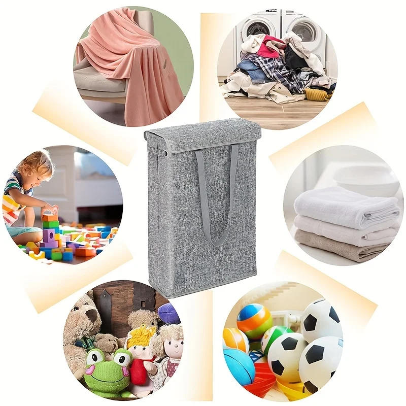 Description Picture 3 of item1pc Foldable Slim Laundry Basket With Lid, Dirty Clothes Storage Basket, Organization Bathroom Bedroom Laundry Room Dorm
