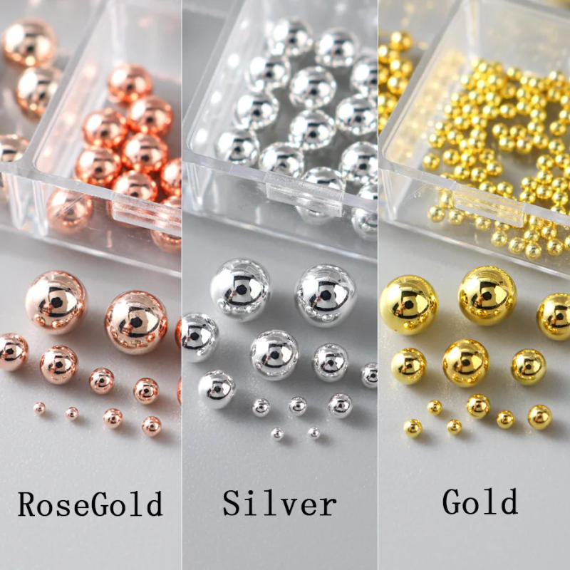 Description Picture 5 of item1 Box Silver/Gold/Rose Gold Shiny Metal Steel Bead Nail Art Decorations Round Bead Mixed Size 3D Rhinestones Manicure Supplies