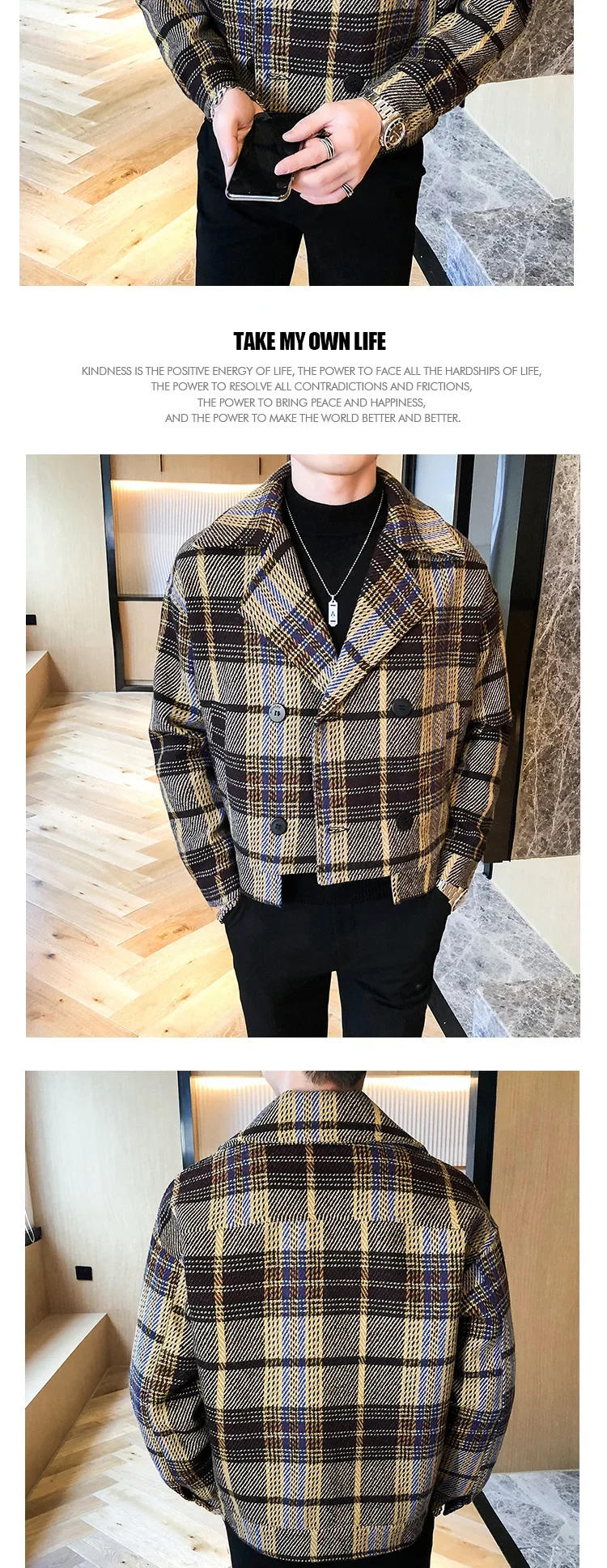 Description Picture 5 of itemWool Blend Trench Coat Hommes Veste Abrigo Largo Hombre Woolen Coat Men Short Erkek Mont Korean Slim Plaid Jacket Men Tweed Coat