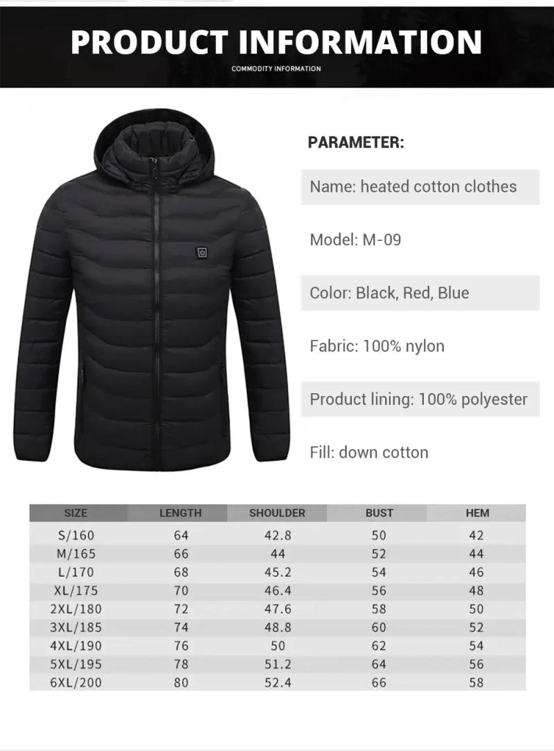 Description Picture 6 of item21 Areas Heated Cotton Clothes Jacket USB Heating Jacket Warm Snowfield Heated Vests Coat Hunting Hiking Camping Winter S-6XL