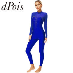 Womens Rhinestones Ballet Dance Jumpsuit Long Sleeve Rhythmic Gymnastics Bodysuit for Figure Skating Yoga Acrobatics Leoatrd