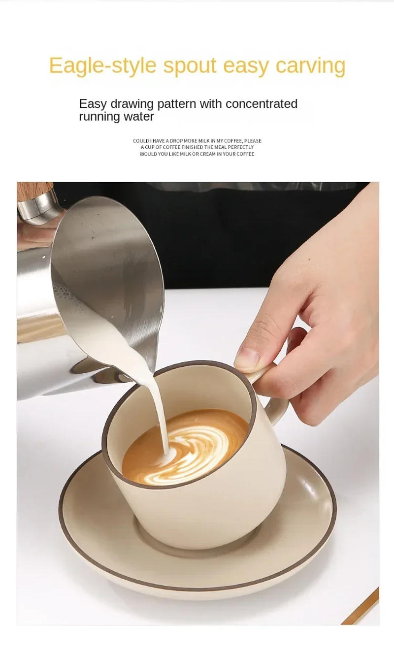 Description Picture 6 of item600/900ML Milk Frothing Pitcher with Precise Scale Wooden Handle Dripless Spout Stainless Steel Latte Coffee Cup Coffeeware