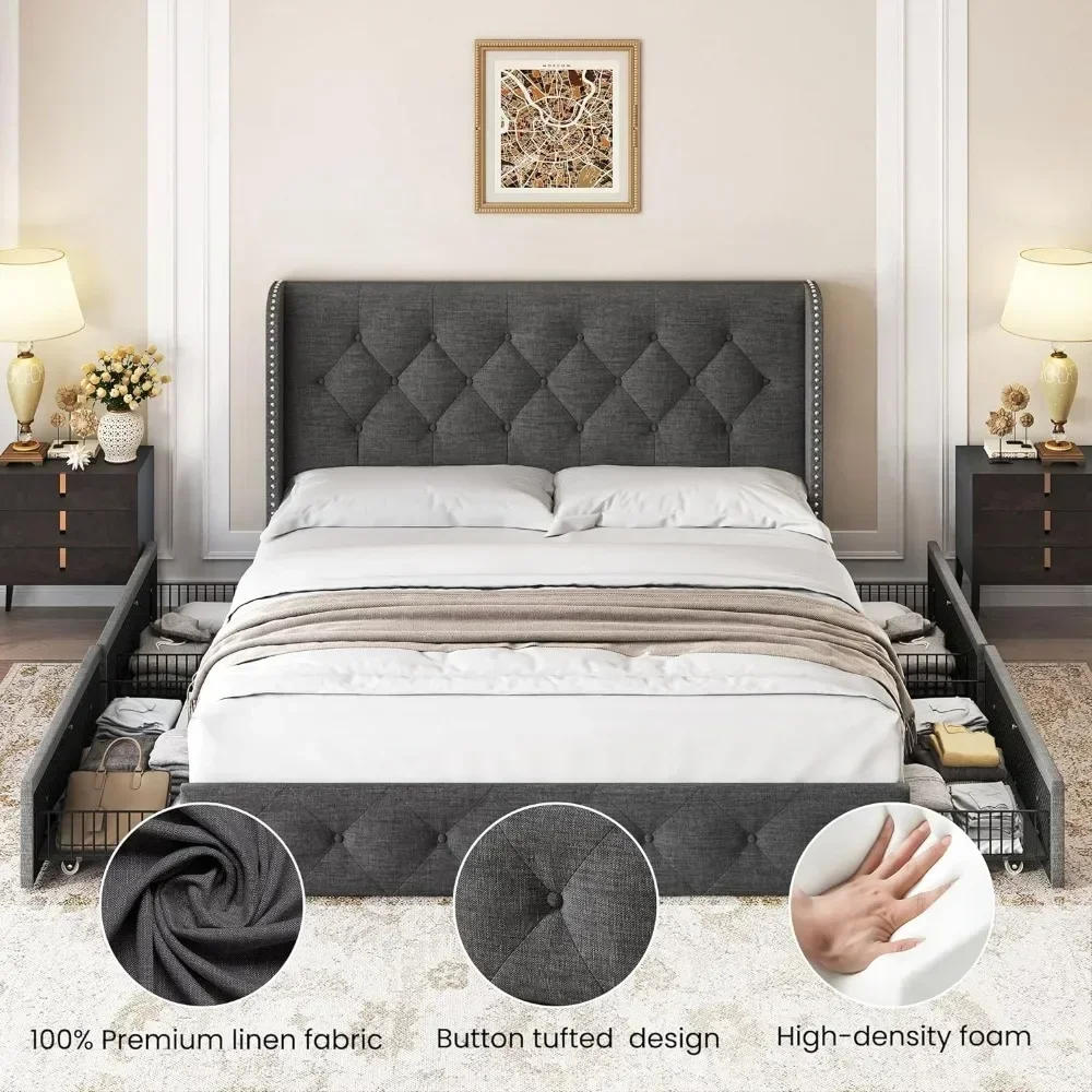 Description Picture 3 of itemBed Frame Linen Upholstered Bed with  Storage Drawers and Wingback Headboard Tufted Platform Beds Frame with Wood Slats Support