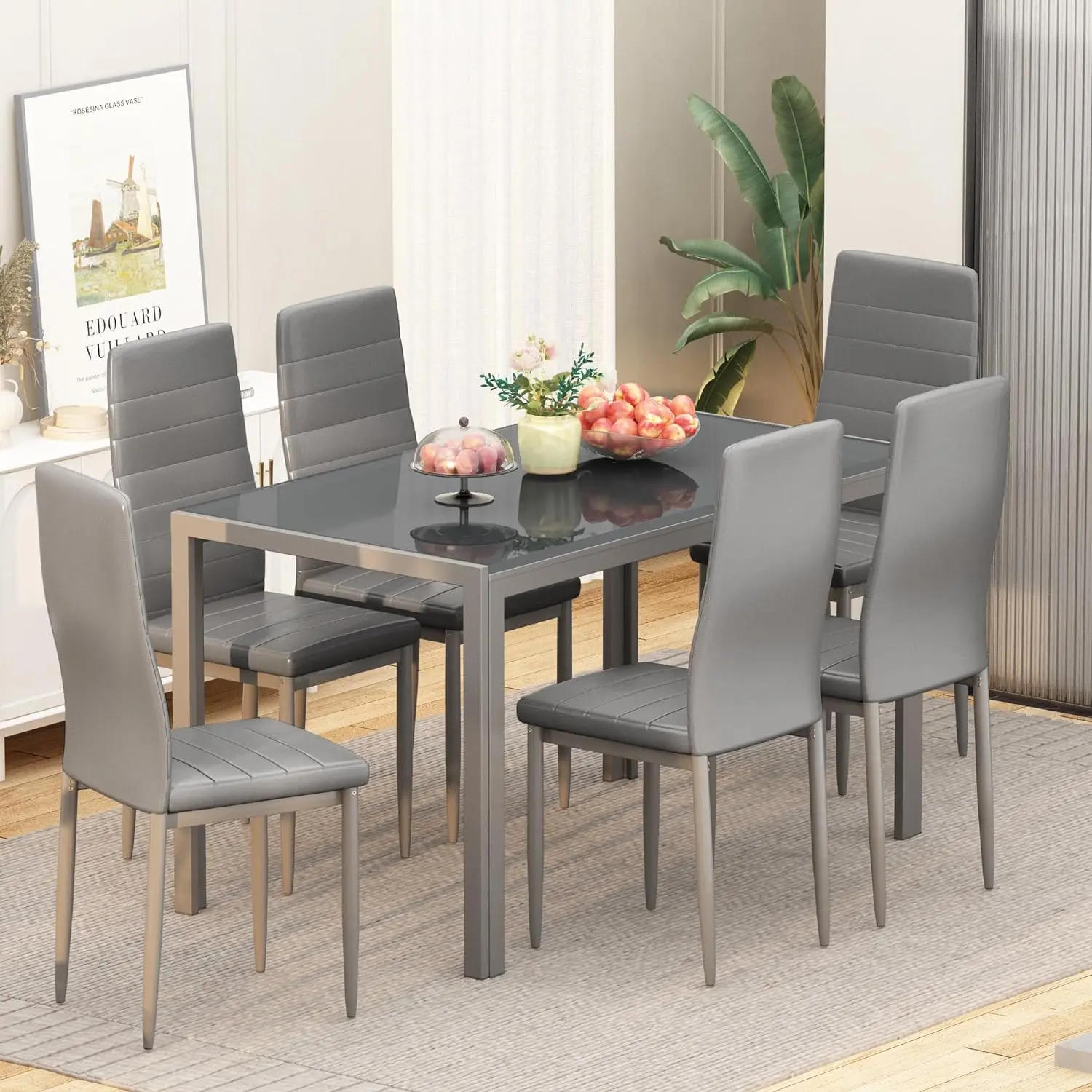 Description Picture 2 of item7 Piece Kitchen 6 Person, Tempered Glass Table and PU Leather Chairs Modern Dining Room Sets for Small Space, Dining Table Set