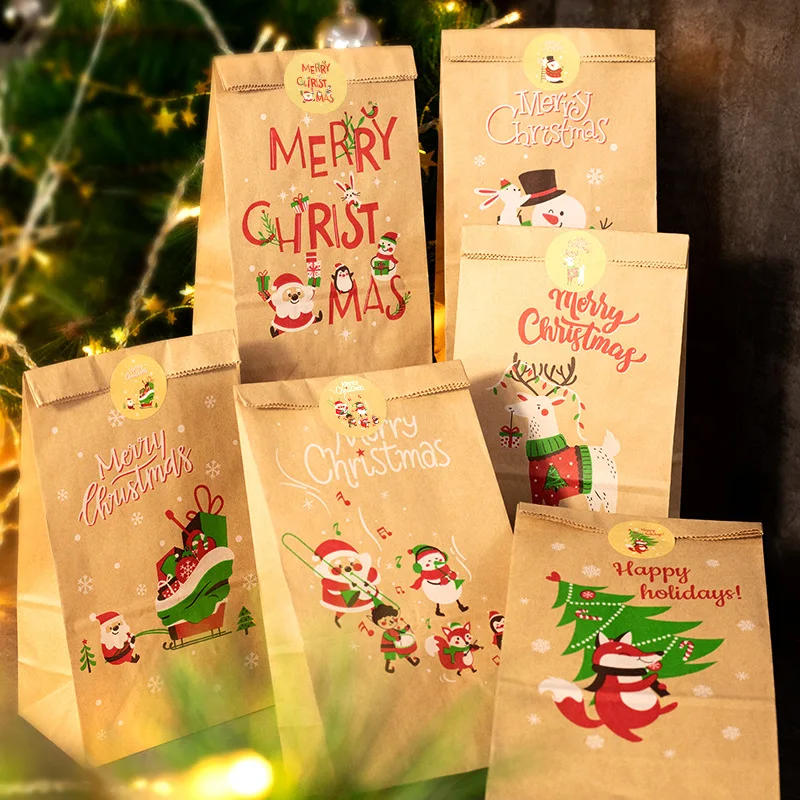 Description Picture 2 of itemChristmas Gift Bags Kraft Paper Bag Candy Cookie Packaging Pocket Xmas Advent Calendar Digital Sticker Packing Supplies 24pcs