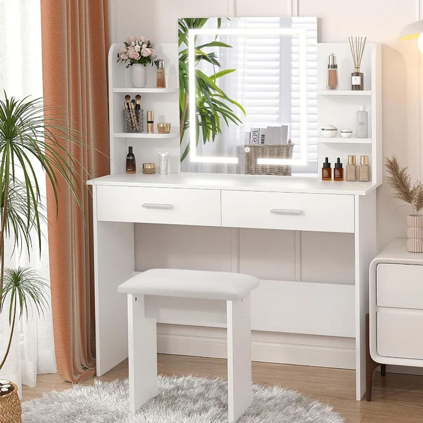 Description Picture 2 of itemSMOOL Vanity Desk with Lighted Mirror - Makeup Vanity Table with 3 Color Light Options Adjustable Brightness, Vanity with 6
