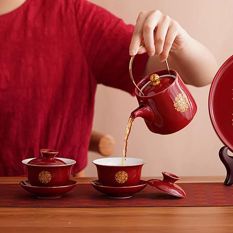 Description Picture 5 of itemChinese Ceramic Tea Sets Tradition Handmade Gaiwan Teapot Tea Ceremony Supplies Customized Tea Infuser Wedding Teaware Gifts