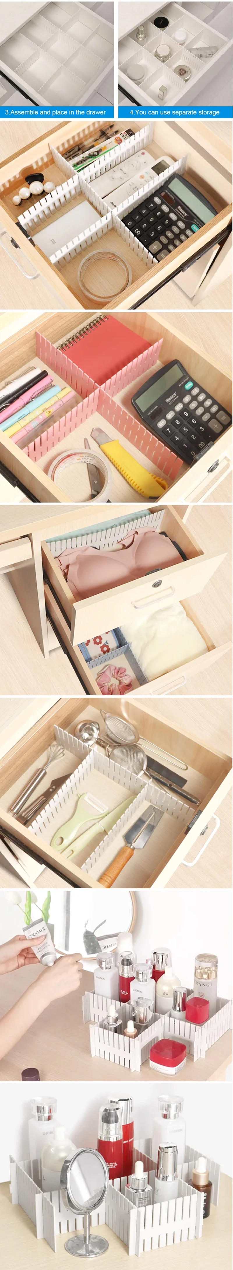 Description Picture 3 of item4/8 Pieces Adjustable Drawer Divider Partition Durable Storage Cosmetic Socks Underwear Drawer Clothes Organizer Cabinets