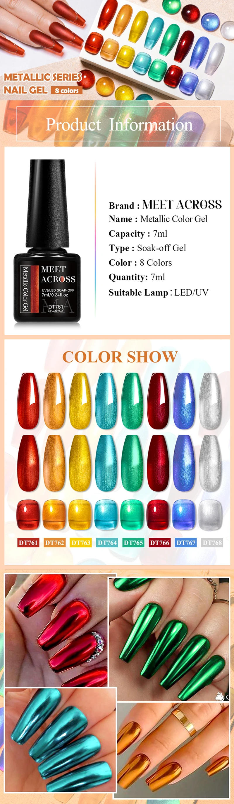 Description Picture 2 of itemMEET ACROSS 8 Colors Mirror Gel Nail Polish Long-lasting Quick-drying Metallic Gold Silver Red Semi Permanent Varnish Nail Art