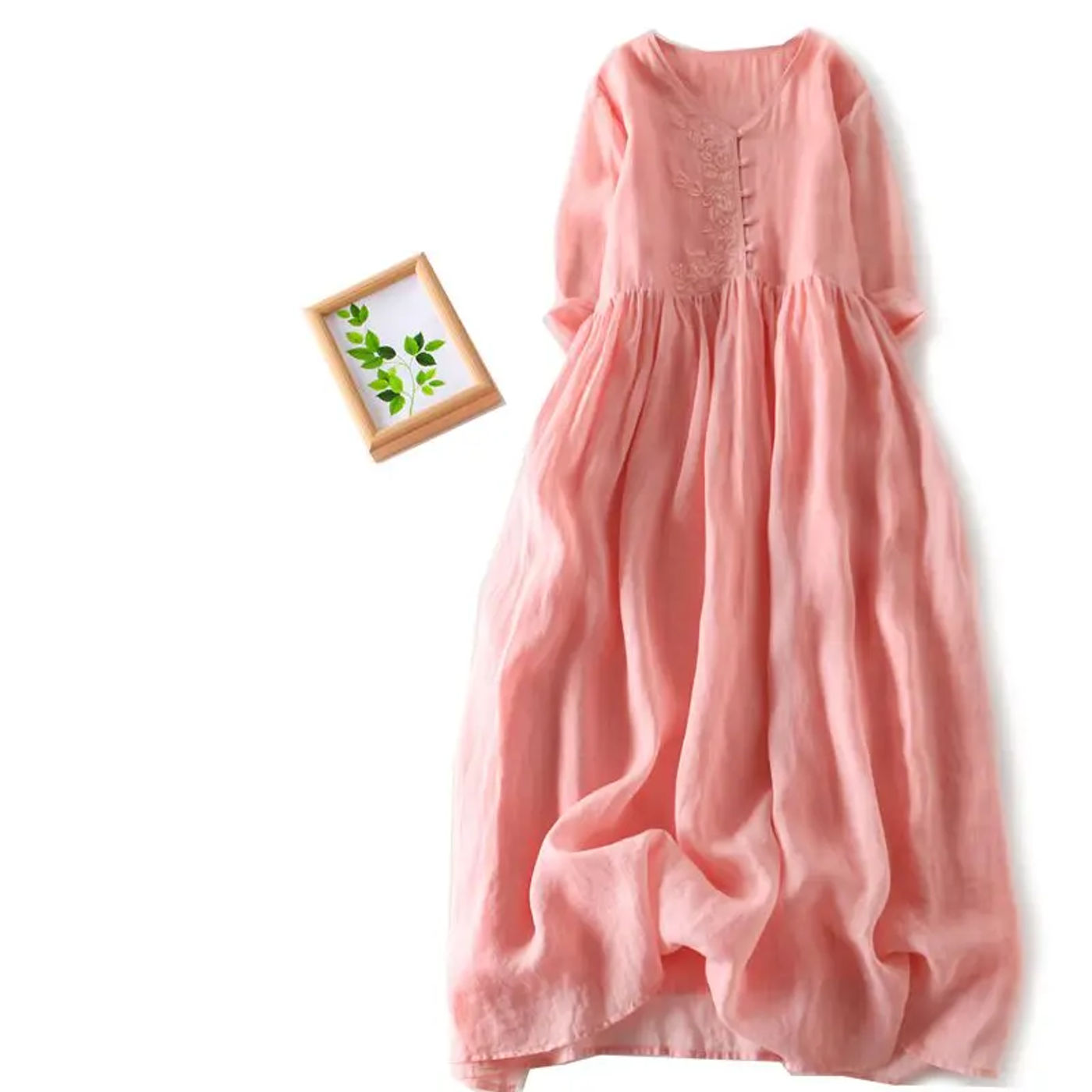 Description Picture 3 of itemDouble layered Ramie Embroidery Half Sleeved Long Dress Casual Loose Cotton Women Summer Spring Holiday Seaside Clothing X1055