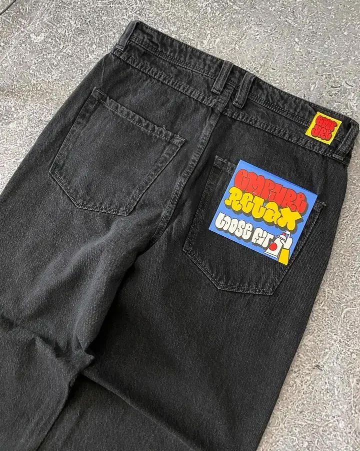 Description Picture 4 of itemStreetwear Empyre Jeans Y2K Hip Hop Gothic Cartoon Graphic Embroidered Baggy Jeans Black Pants Mens Womens New Wide Leg Trouser