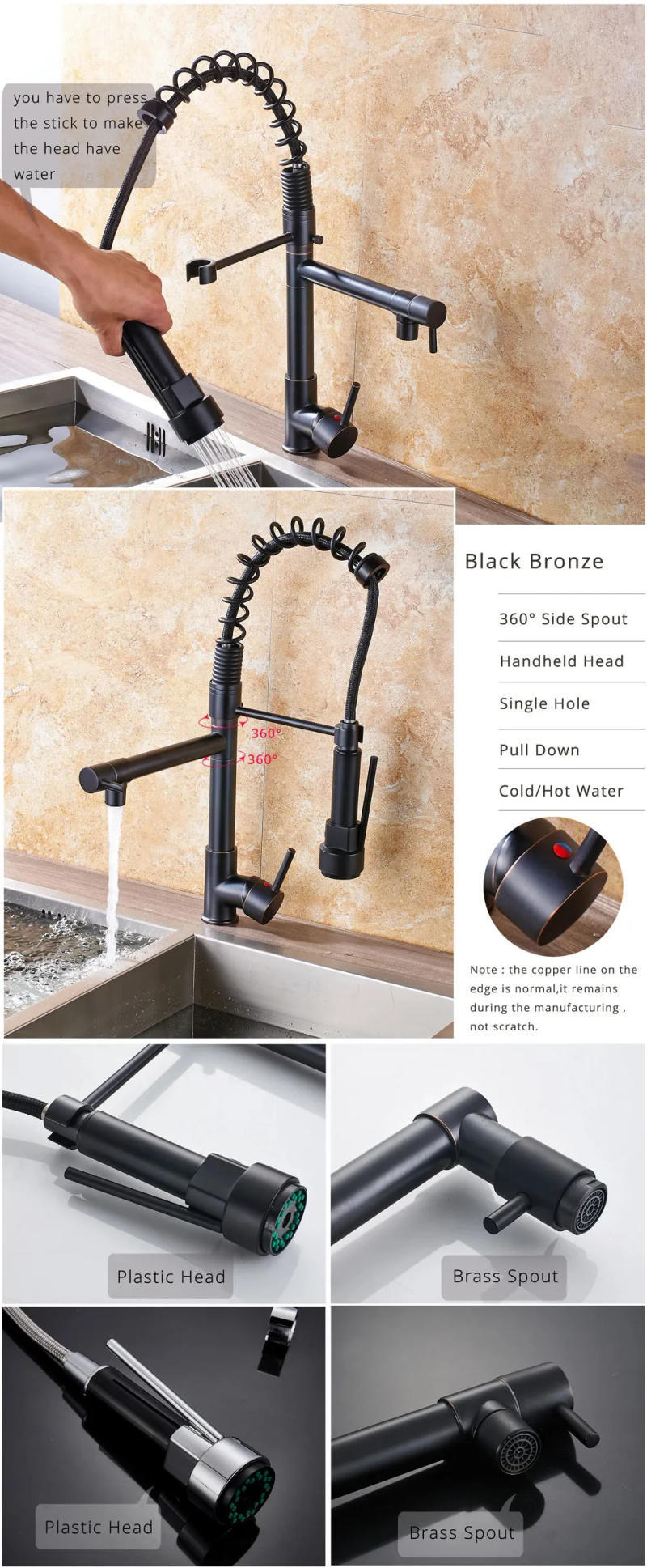 Description Picture 3 of itemBlack Pull Down Brass Kitchen Sink Faucet Hot Cold Water Mixer Crane Tap with Dual Spout 360 Rotation High Faucet Deck Mounted