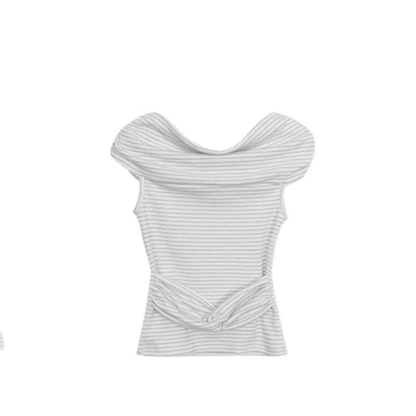 Description Picture 5 of itemStripe Off Shoulder Crop Top Slim Fit Ins Stripe Flower T-shirt Female Clothing Sweet Bottoming Shirt Women Beachwear