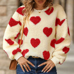 Plush Love Heart Printed Women Pullovers Sweater 2024 Fashion Long Sleeve Crewncek Aesthetic Clothes Fleece Warm Knitted Hoodies