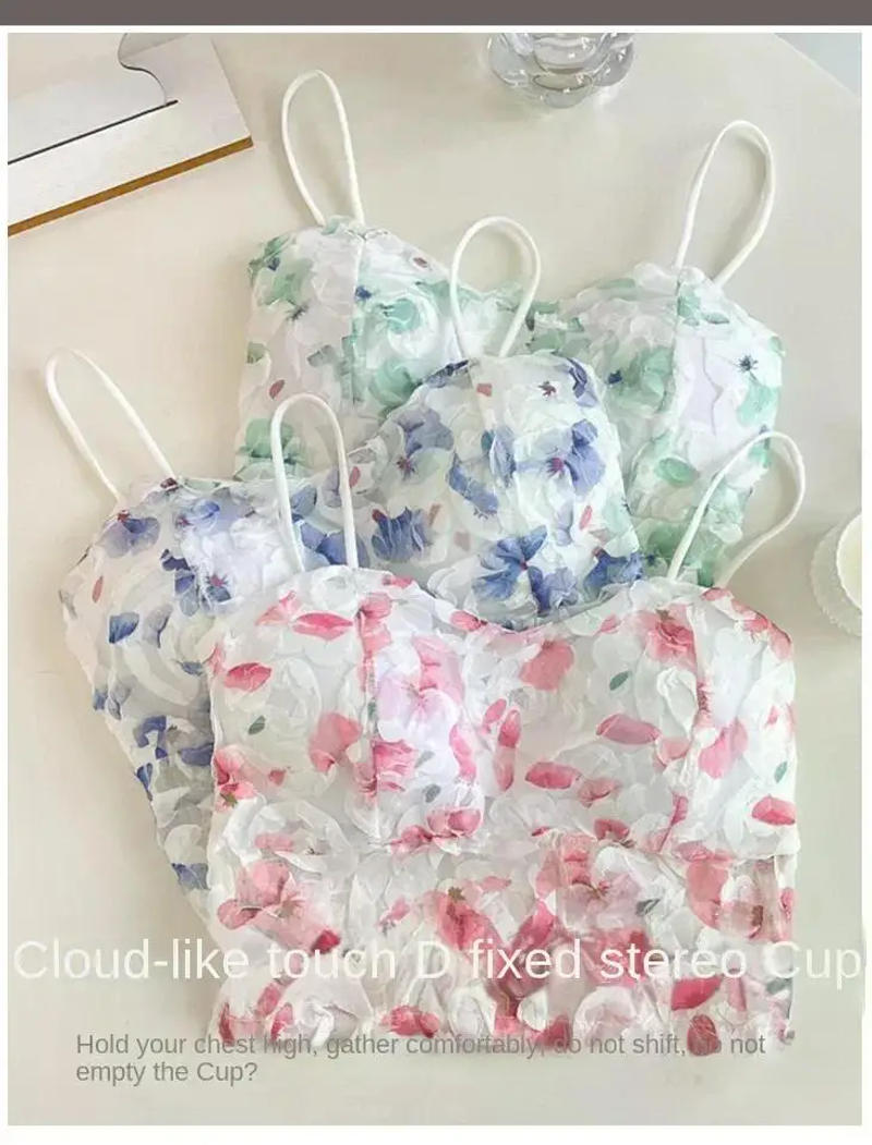 Description Picture 6 of itemLace Crop Top Women Rose Floral Bra Mesh Tube Top Beauty Back Bra Seamless Cami with Chest Pads Sexy Tank Top Sweet Lingerie