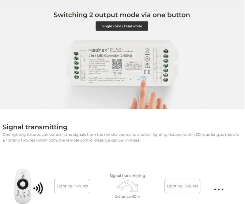 Description Picture 5 of item1PCS Miboxer DC12V-48V LED Controller 2.4GHZ FUT035P+ / FUT037P+ MAX 20A for Dual White Single Color / RGB RGBW RGB+CCT LED Lamp