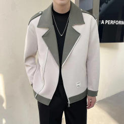 2024 Spring Contrasting Splicing Leather Jackets Men Upturn Collar Slim Casual Coat Outwear Social Party Streetwear Men Clothing