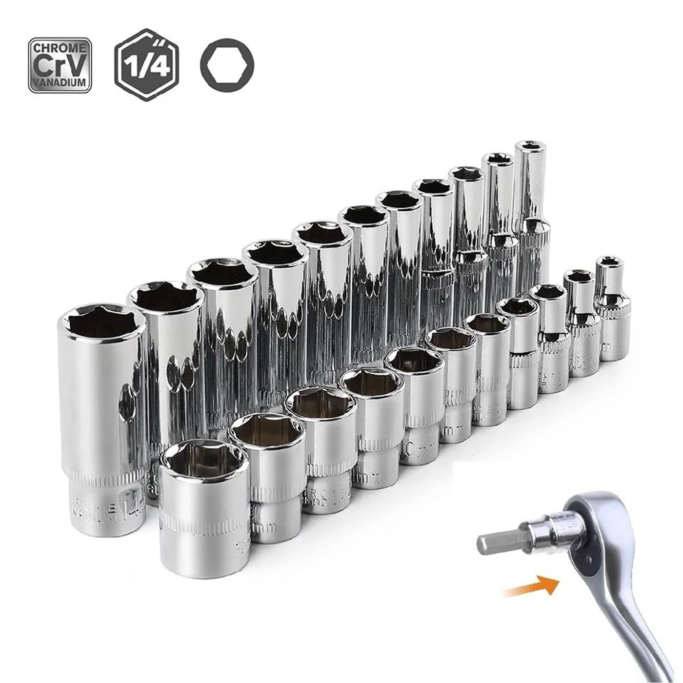 Description Picture 3 of item1/4" Drive Socket Set 6 Point Short/Long Deep Sockets CRV Socket Wrench Set Ratchet Socket Bit Head Adapter for Torque Spanner