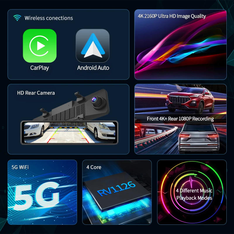 Description Picture 3 of itemImagebon 12" 4K ADAS Rearview Mirror DVR with Wireless CarPlay & Android Auto AI Voice GPS Navigation AUX FM BT Dash Camera