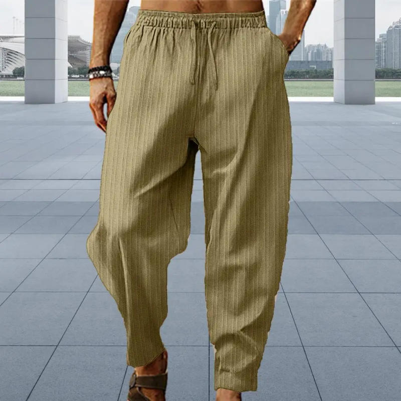 Description Picture 5 of itemMen Pants Solid Color Drawstring Elastic Waist Trousers Wide Leg Striped Deep Crotch Loose Soft Breathable Sports Sweatpants