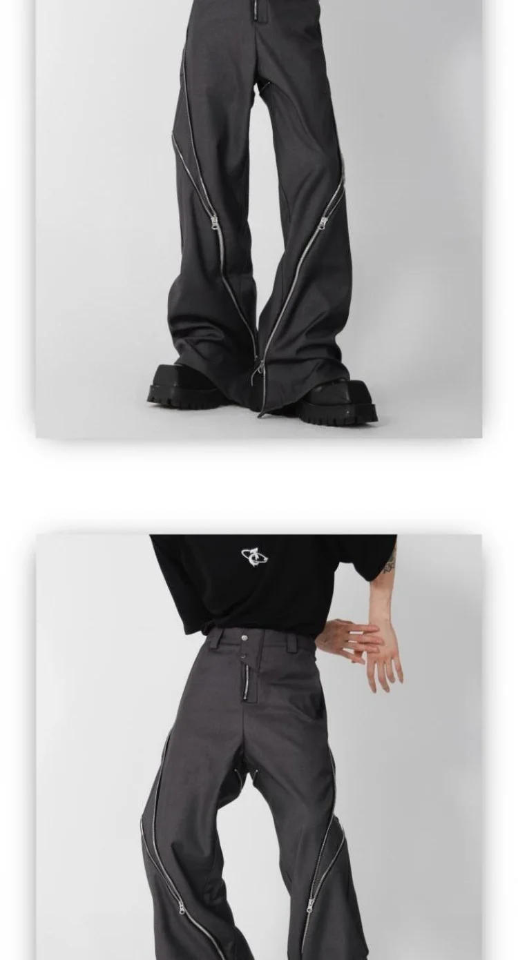 Description Picture 5 of itemDesign Slit Slightly Flared Pants American Trendy Brand Men Black Zipper Vertical Feeling Straight Casual Pants Retro Trousers