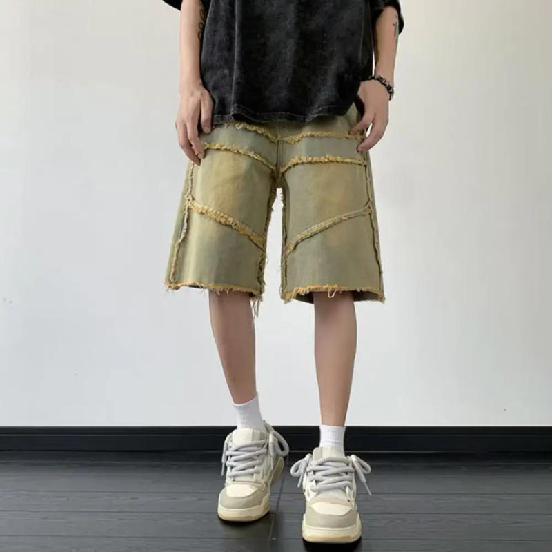 Description Picture 4 of itemStraight-legged Jeans High Street Style Men's Denim Shorts Mid-rise Tassel Edge Gradient Color Loose Fit Short Jeans with Button