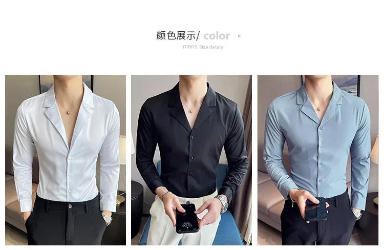 Description Picture 4 of item2022 Fashion Men Shirts Long Sleeve Casual Slim Fit Dress Shirts V-neck Streetwear Formal Social NightClub Party Tuxedo Clothing